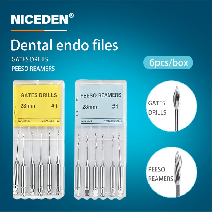 6Pcs/Box Dental Engine Use Endodontic Gates Drill Peeso Reamers Glidden Rotary 28mm/32mm #1-6 Stainless Steel Endo Files Dentist