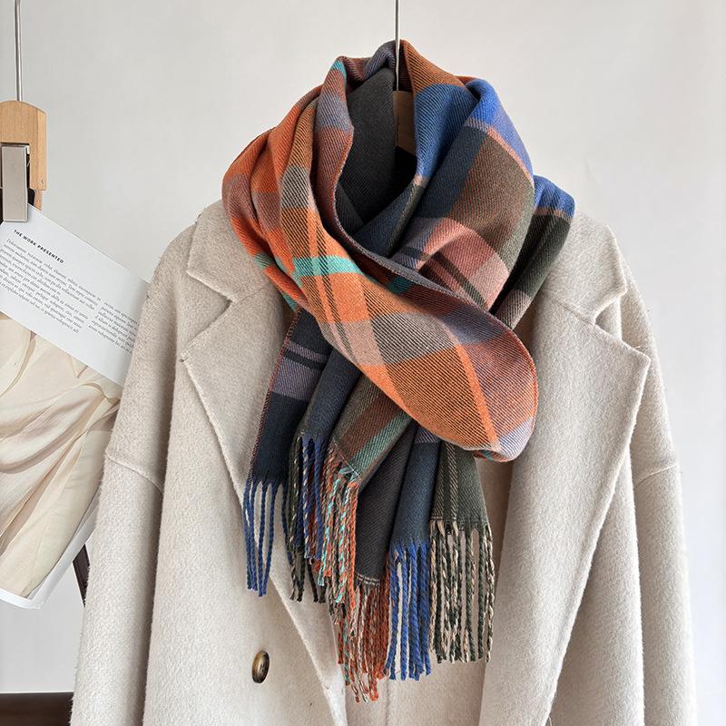 

Color plaid double-sided scarf women s autumn and winter long casual imitation cashmere shawl versatile thickened warm student scarf 185