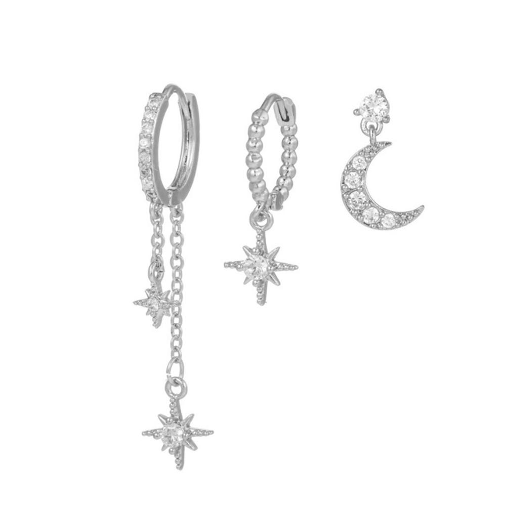

Набор из 3 шт. Серьги-пирсинг для хряща в виде новой звезды и луны, с кубическим цирконием, из нержавеющей стали, с подвеской-цепочкой, серьги-кольца, пирсинг-украшения