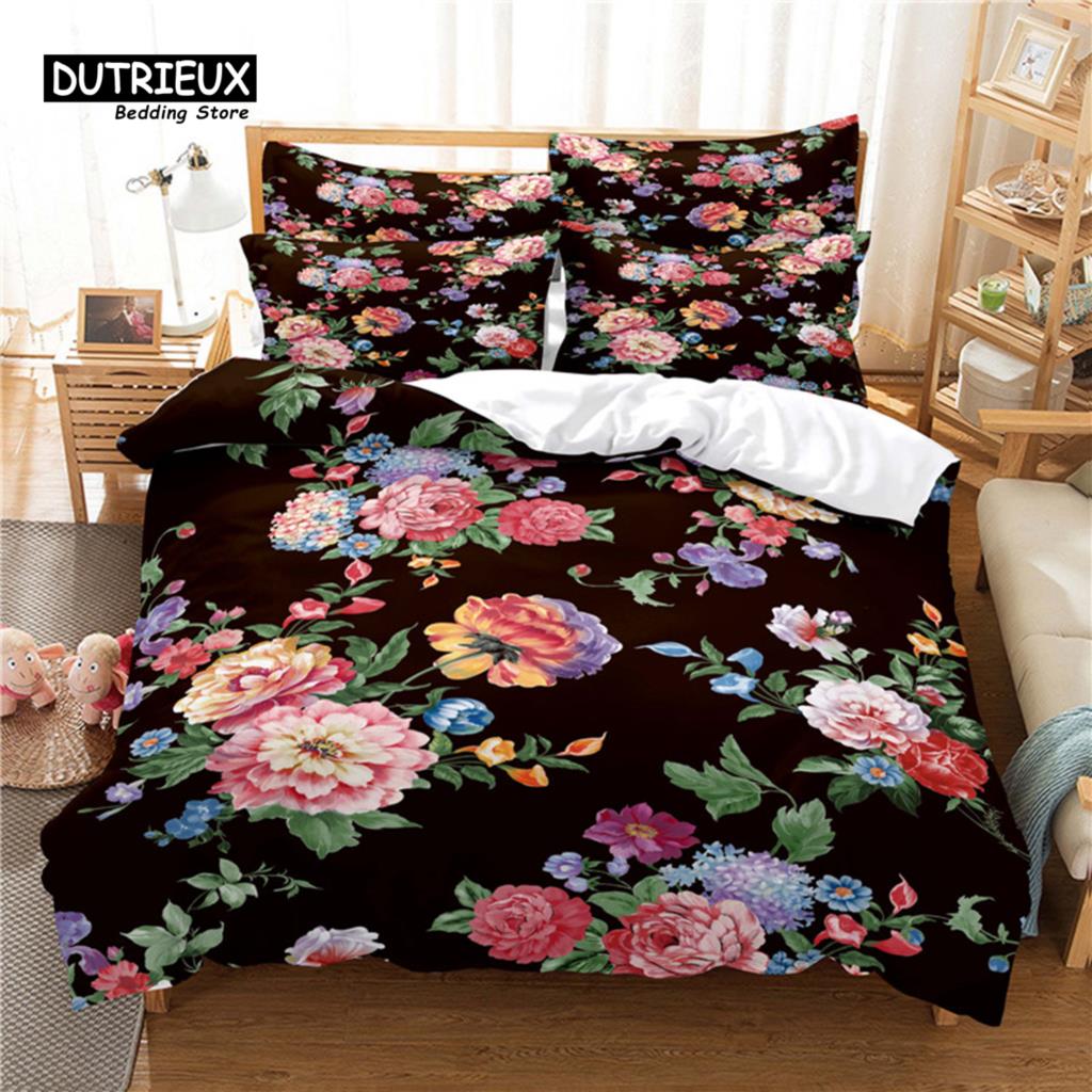 Beautiful Flower Bedding Set, 3Pc Flower Duvet Cover Set, Soft Comfortable Breathable Duvet Cover, For Bedroom Guest Room Decor