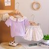 Girls' Floral Collar Short Sleeve Summer Outfit - Stylish Baby Two-Piece Set In Solid Color