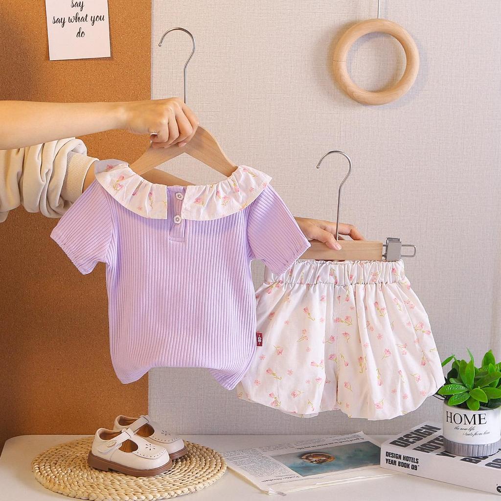 Girls' Floral Collar Short Sleeve Summer Outfit - Stylish Baby Two-Piece Set In Solid Color