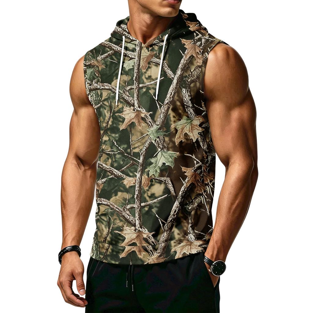 Men’s Athletic Sleeveless Hoodie with Drawstring Hood and Front Pocket Casual Loose Fit Camouflage Patterned Vest Top