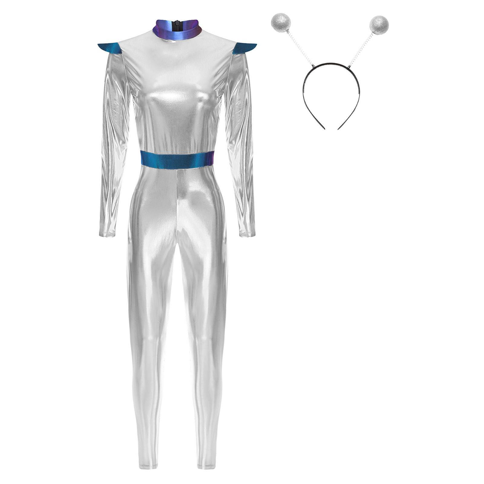 

Жіночий блискучий металевий костюм астронавта-робота на Хелловін, комбінезон-унітард з довгим рукавом S срібний