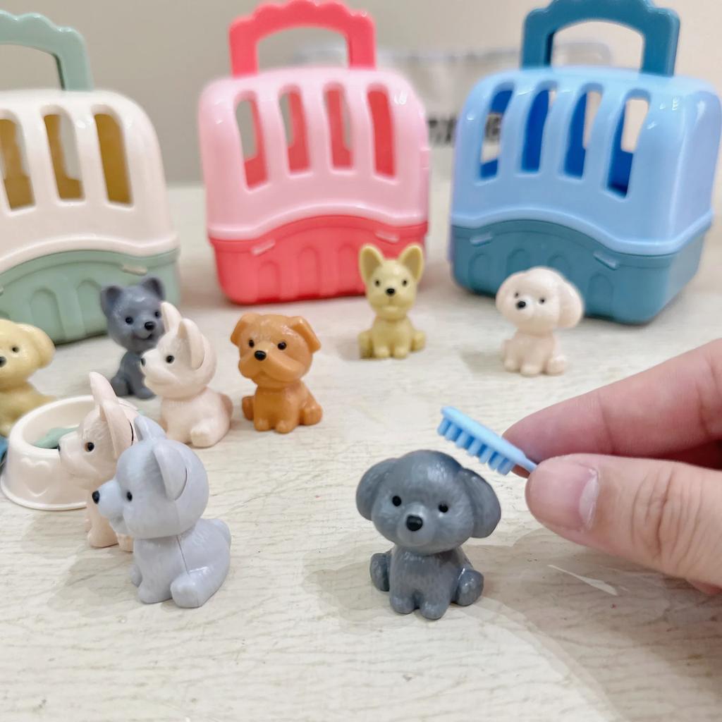 8pcs/set Children  Playing House Toys Dog Pet Basket,  Dog Doll Set Dog Cage,  Feeding Pets Puppies and Cats Take Showers