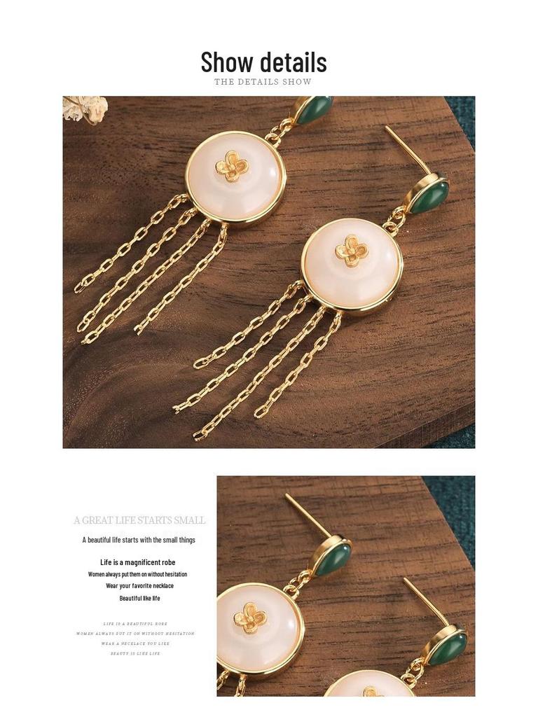 2022 Summer Palace Style Hetian Jade Long Tassel Earrings for Women - Perfect Hanfu Costume Accessory.