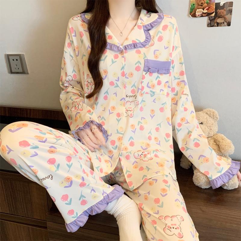 Imitation cotton ruffle leaf edge pastoral cute rabbit girl pajamas autumn long-sleeved cartoon soft glutinous loungewear two-piece set