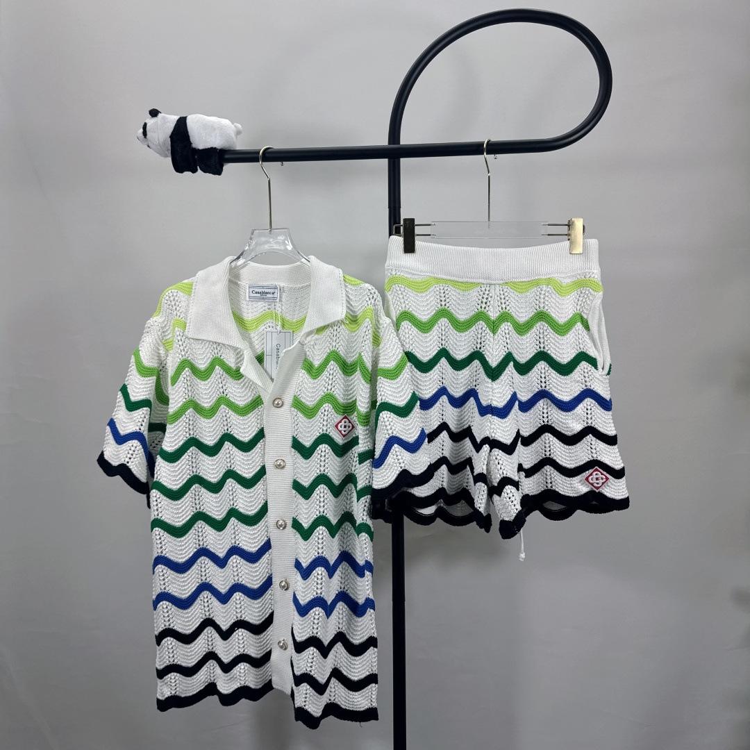 

Unisex Color Block Wave Striped Knit Cardigan with Casual Shorts Set (Plus Size Available) XL