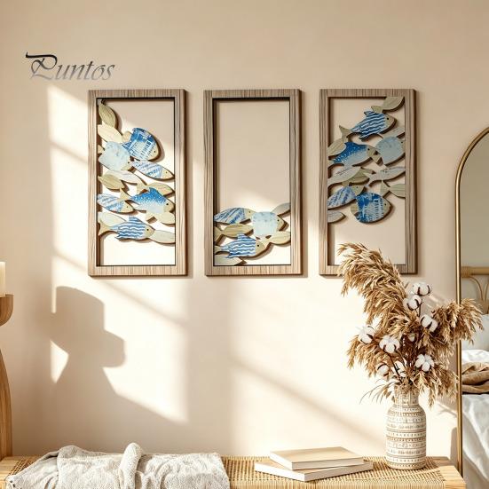 Three Dimensional Fish Relief Decorative Sign, Wooden Hollow Ocean Themed Wall Art, with Adhesive Rustic Plaques Tape No Drill for Living Room Bedroom