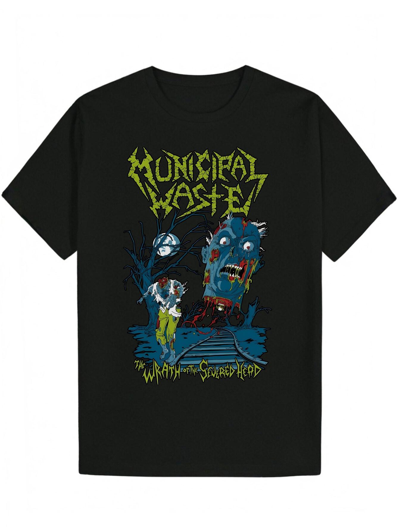Black T-shirt with  Municipal Waste  Graphic Design - Horror Movie-Inspired Skull & Zombies Art S
