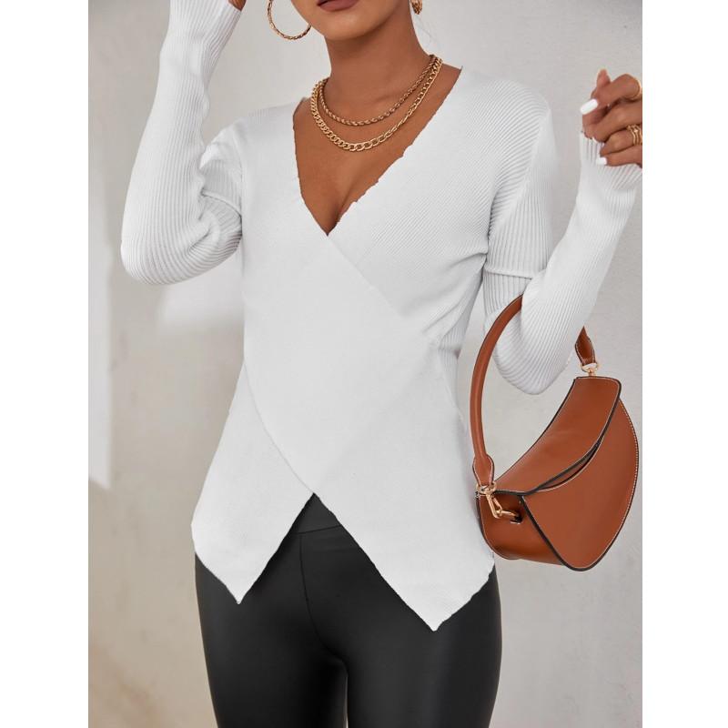 Damen Pullover, modisch, schlank, lässig, einfarbig, langärmelig, V-Ausschnitt, Wickeloptik, gerippter Strickpullover