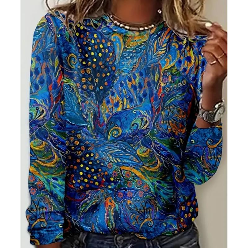 

2025 Осень и Зима Женский Новый Повседневный Топ с Круглым Вырезом и Длинным Рукавом 3D Ретро Узор XS синий