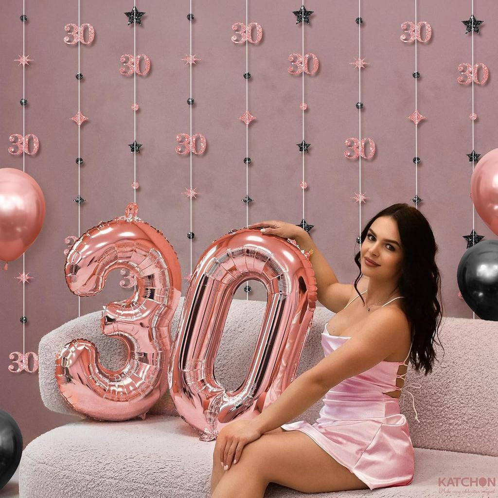 KatchOn, Rose Gold 30th Birthday Decorations - 9 String Hanging Garland, 6 Feet | No DIY 30 Years Party Hanging Streamer | Dirty 30 Birthday