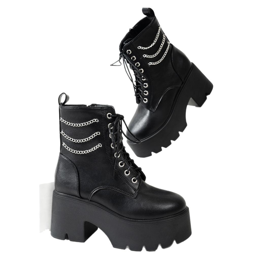 New autumn and winter platform high heel large size punk style chain low boots women's boots