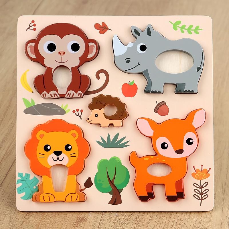 Montessori 3D Wooden Puzzle Cartoon Animals Pattern Jigsaw Board Game Kids Educational Learning Toys Gifts for Children