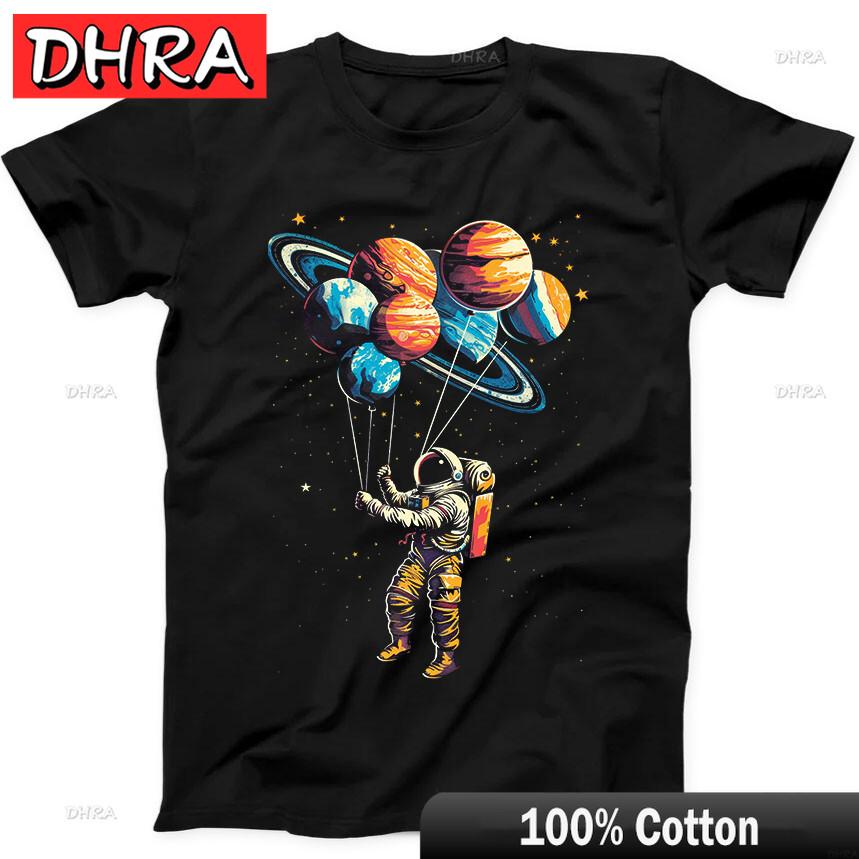 Astronaut in Space Planets Balloons Solar System Funny Gift Black T Shirt Shirts for Weekend Style TShirt Boys Camisetas Hombre S