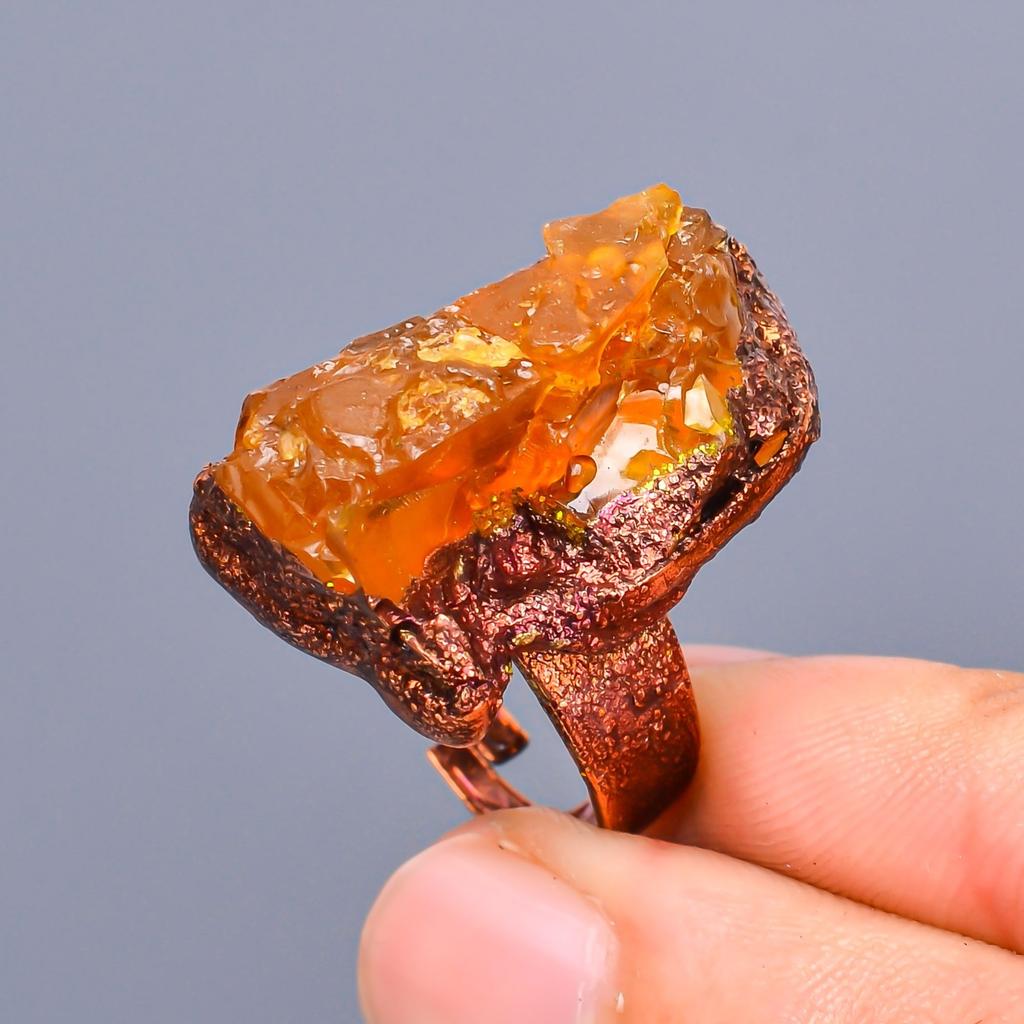 Hessonite Garnet Rough Stone Mother Gift Eternity Sisters Day Trendy Ring Copper V-11