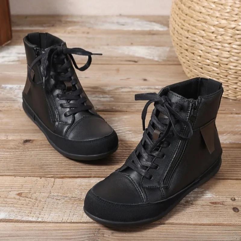 Winter New Flat Single Shoes Women's Round Head Front Strap Side Zipper Soft Sole Anti-slip Wear-resistant Short Boots