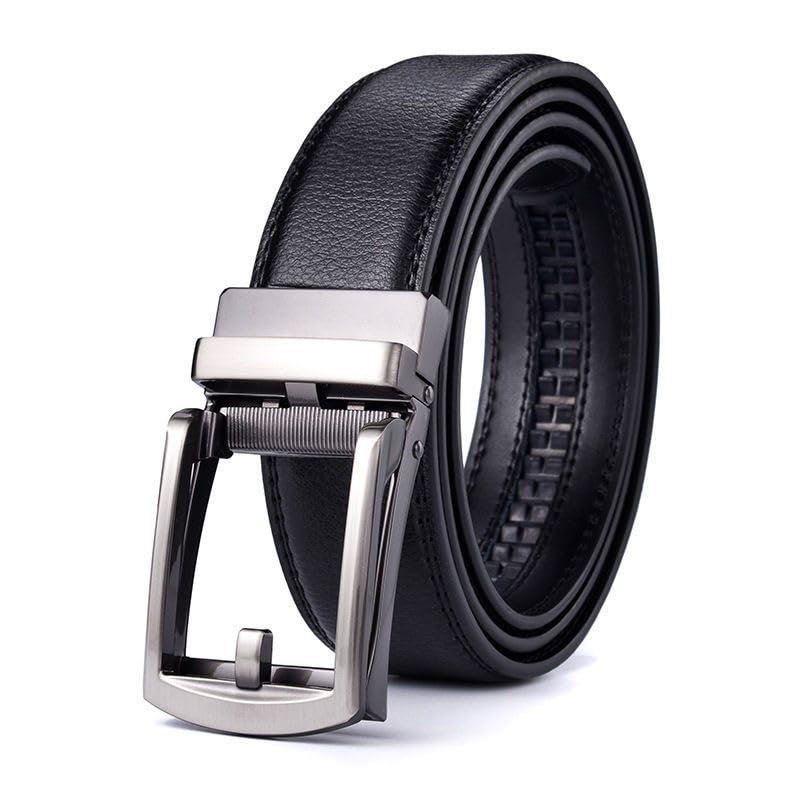 

[MISSOKIE] genuine leather belt men s auto lock buckle Stepless No hole suit business casual comfort click long 120cm (one)