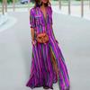 Women's Striped Long Dress Fashion Color Contrast Lapel Collar Button Down Cardigan Bohemian Polyester Comfort Ladies Dress Women Supply
