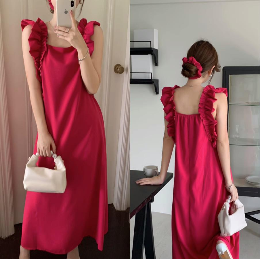Elegant French Ruffle Spaghetti Strap Long Dress for Women