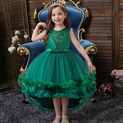 Girls Long Bow Princess Dress Piano Performance Gown Kids Breathable Mesh Party and Banquet Formal Wedding Performance Outfit