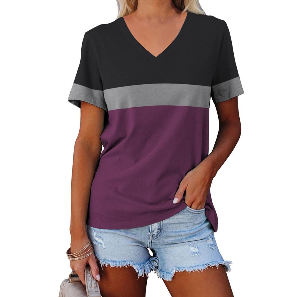 Women's V-Neck Short Sleeve Vintage Striped T-Shirt High Quality Comfortable Short Sleeve Loose Version Breathable T-Shirt Top