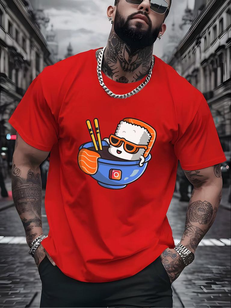 Men Summer Cartoon Cool Sushi Bowl Print T Shirt Crew Neck Short Sleeve Soft Loose Casual Streetwear Daily Fashion Tops Tee