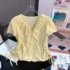 V-Neck Puff Short Sleeve Blouse, Adjustable Side Drawstring Ruched Slim Fit Summer Button Top