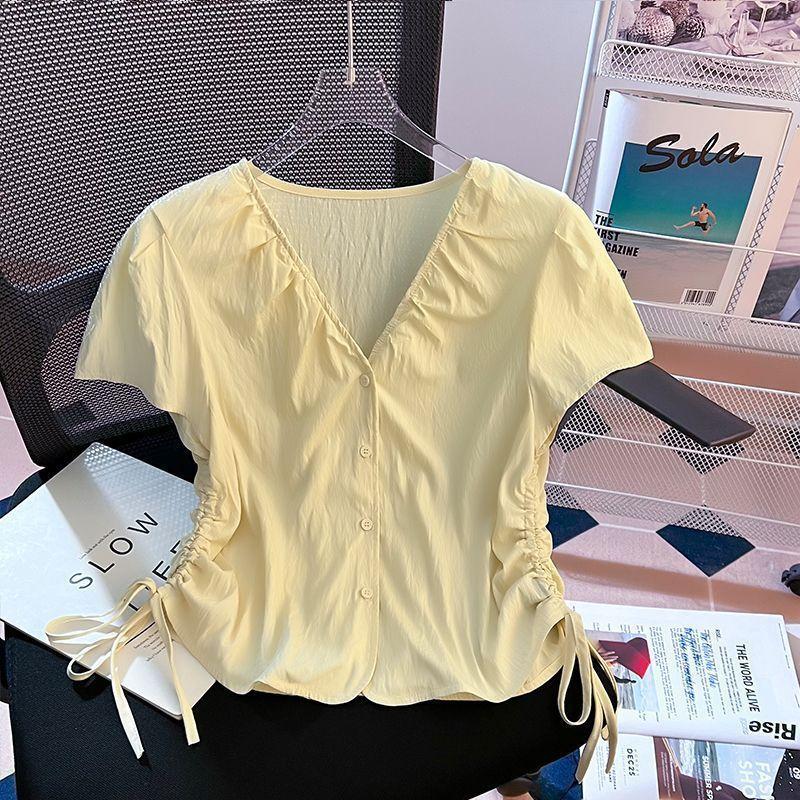V-Neck Puff Short Sleeve Blouse, Adjustable Side Drawstring Ruched Slim Fit Summer Button Top