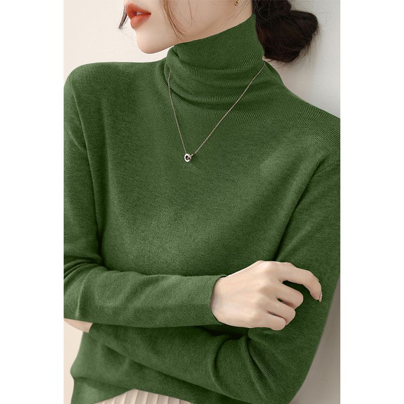 High-Grade Slim fit Pullover Pea Green Inner wear Base Women clothes Simple Pile Collar Spring Long sleeve Knit Top