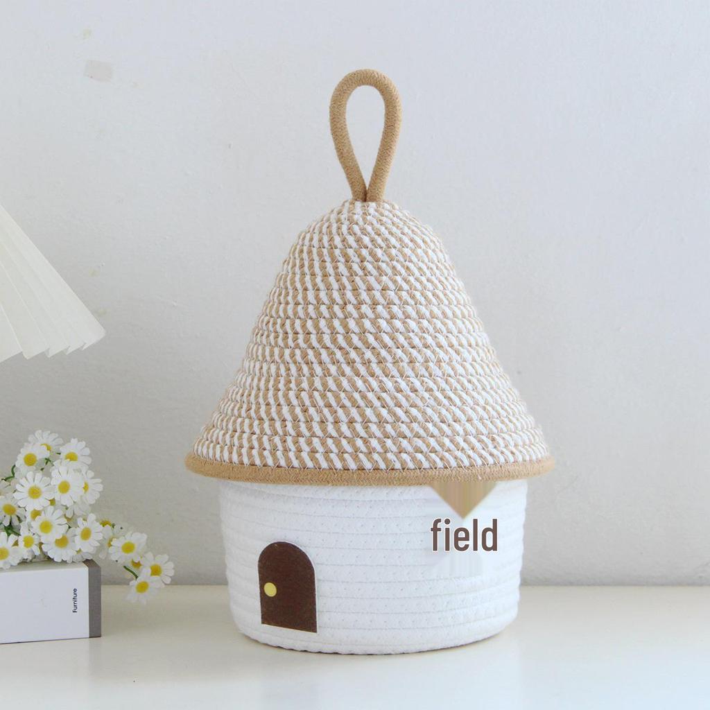 House-Shaped Cotton Rope Storage Basket with Lid for Miscellaneous Items