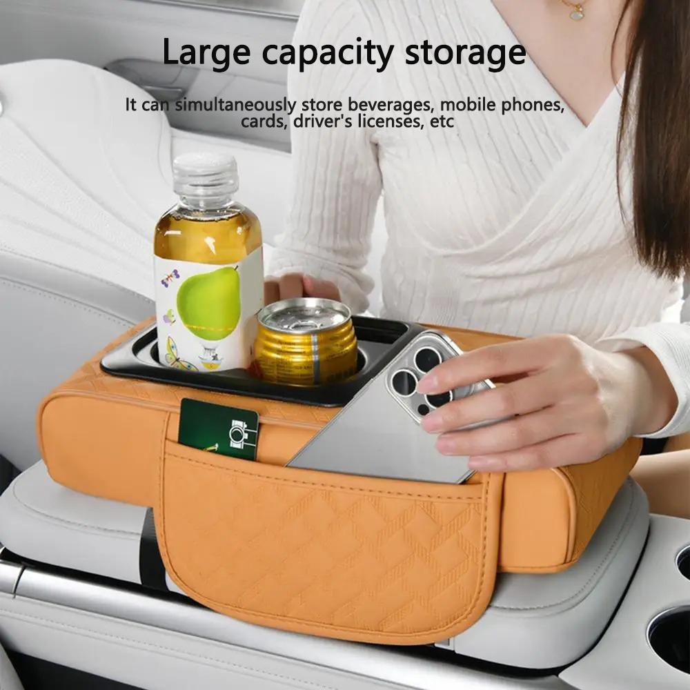 Car Armrest Pads Organizer, Car Armrest Extender with Storage, Leather Tissue Box Holder, Storage Tray Height Adjuster for Cente