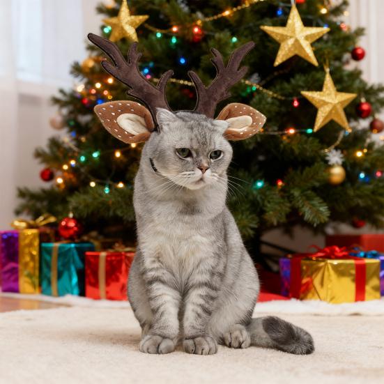 Pets Christmas Antlers Headband Adjustable Deer Hairband with Spotted Ears Deer Cosplay Headband for Dogs Cats Festive Costume Christmas Gift