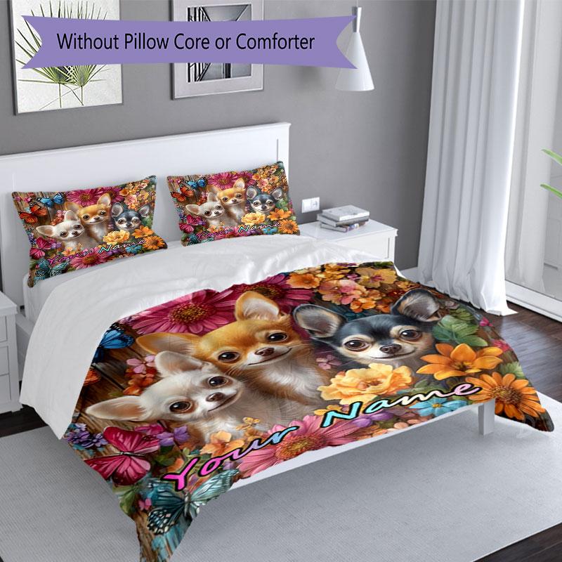 3PC Custom Name Chihuahua Friends Flowers Bedding Set Duvet Cover Closure Includes 1 Duvet Cover & 2 Pillowcases for Bedroom