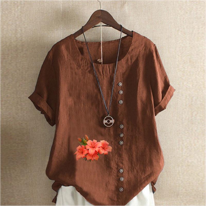 Women's Fashion Flowers Pattern Prined Short Sleeve T-shirt Loose Cotton Shirt Casual Loose Summer Blouse Tops Plus Size