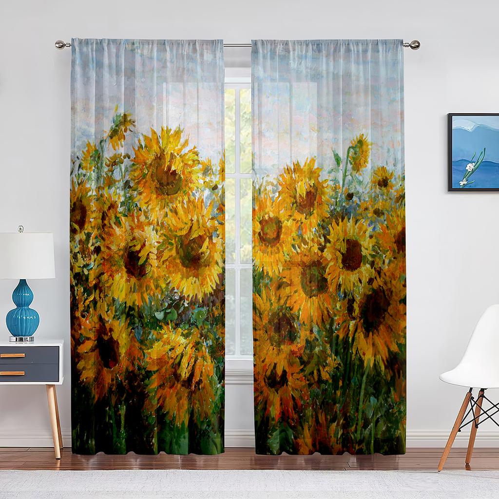 Ölgemälde Sonnenblumen Gelbe Blumen Kunstwerk Tüllvorhänge für Wohnzimmer Schlafzimmer Chiffon Transparent Voile Küchenfenstervorhang