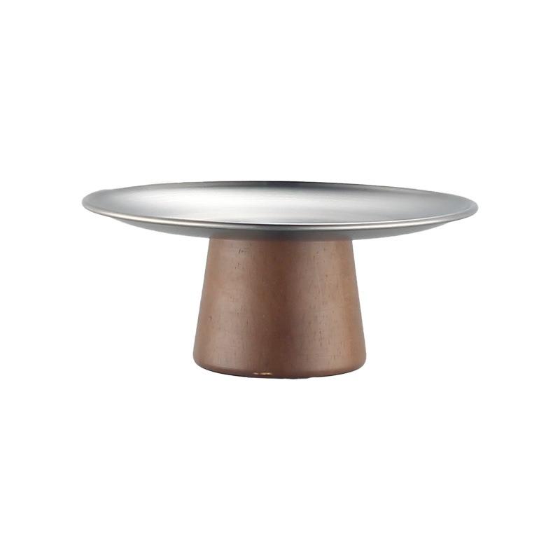 Stainless Steel Cake Tray Wooden Base Korean Style Fruit Display Plate Dessert Dining Table Home Decoration Ornaments