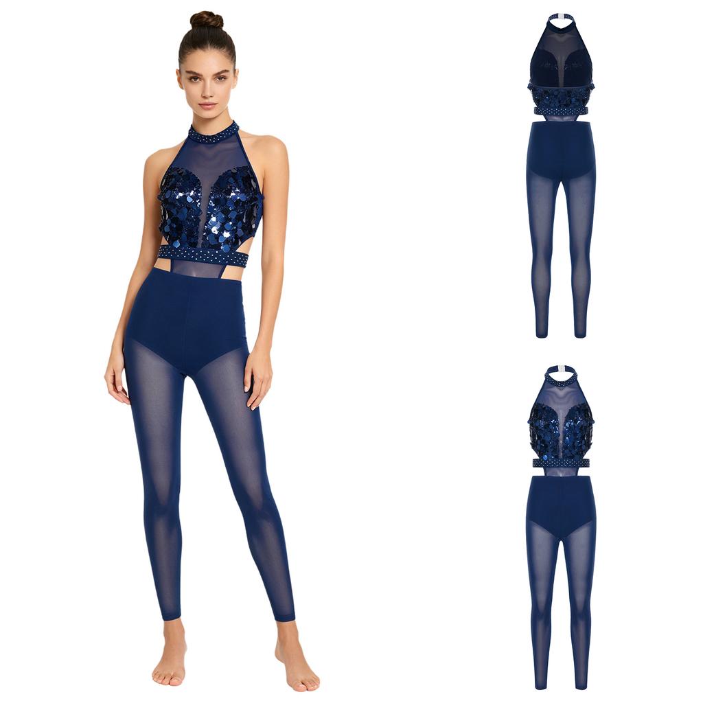 Women Gymnastics Unitard Halter Backless Sequin Bodice Hollow Out Waist Sheer Mesh Leggings Built-in Briefs Rompers Jumpsuit for Competition Stage
