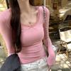French Chic Lace Long Sleeve T-Shirt: Sweet, Cool, Spicy Collarbone Style, and Waist-Showing Korean Women's Autumn/Winter Top