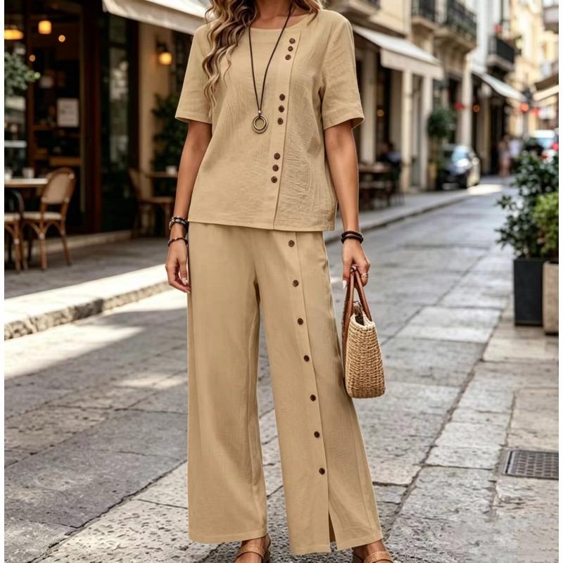 Fashion Casual Loose Two-piece Short-sleeved Top and Loose Wide-leg Pants for Women