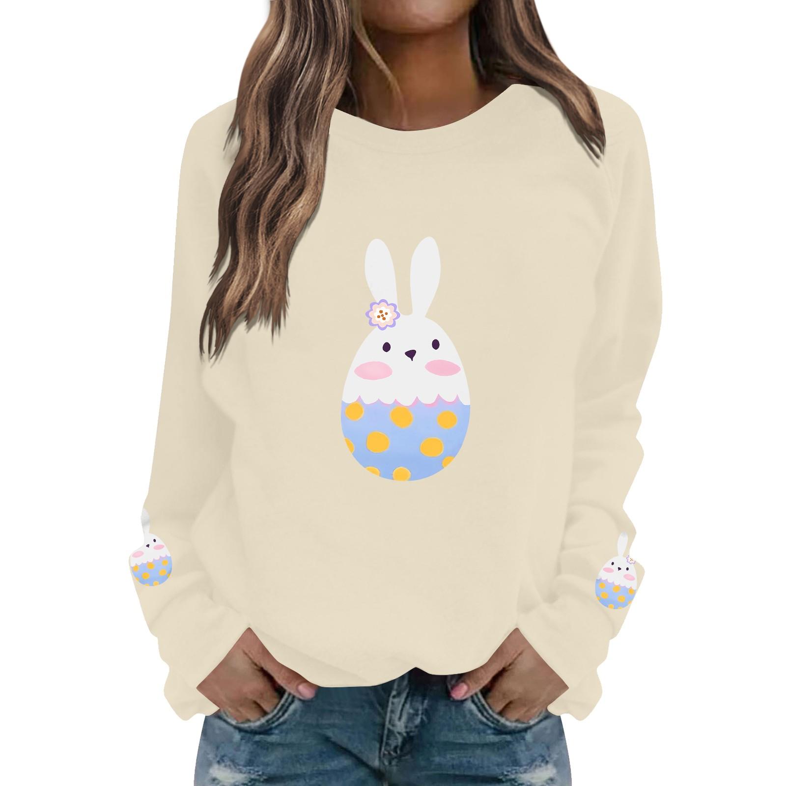 

Женская мода повседневная толстовка с длинным рукавом и круглым вырезом с принтом пасхального кролика XL бежевый