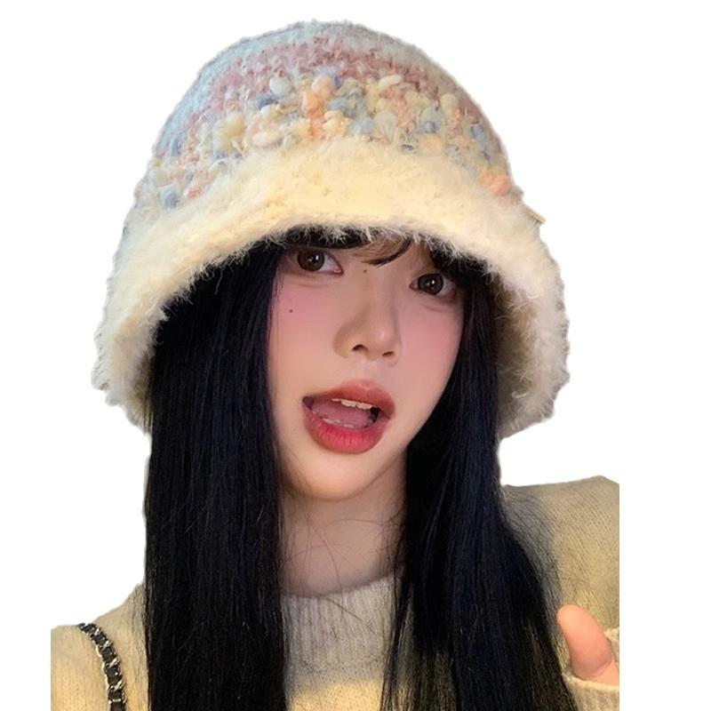 Japanese Plush Knitted Fisherman Hat for Women In Autumn and Winter Korean Style Face Showing Small Bucket Hat Warm and Cold Proof Woolen Hat Trendy