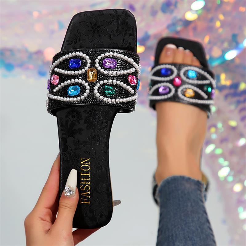 Fashion Female Bling Luxury Slippers Women's Rhinestone Wide Strap Square Toe Slippers Flip Flops Flat Sandals Ladies Slippers Shoes