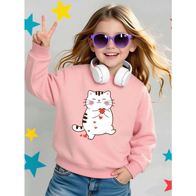 Kids Crewneck Long Sleeve Sweatshirt,Cute Cartoon White Kitten Holding Hearts Graphic Print
