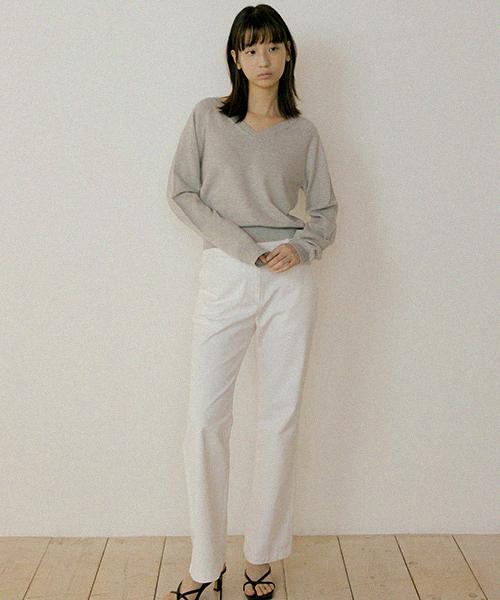 Lingseoul Merino Wool V-Neck Knit Top-Gray
