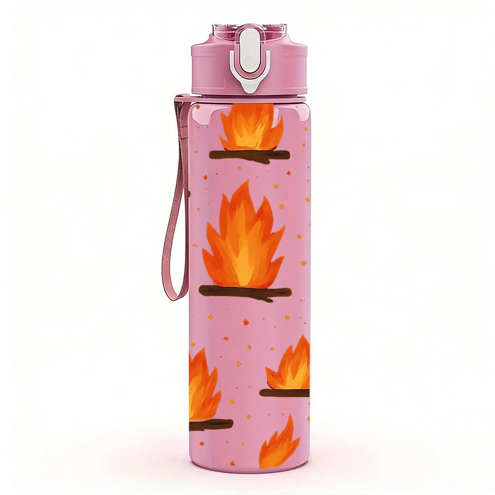 1PC Repeating Fire Flame Seamless Print 750ml Color Plastic Sports Water Bottle Leakproof Flip Straw Lid Suitable for Sports Office Home Use