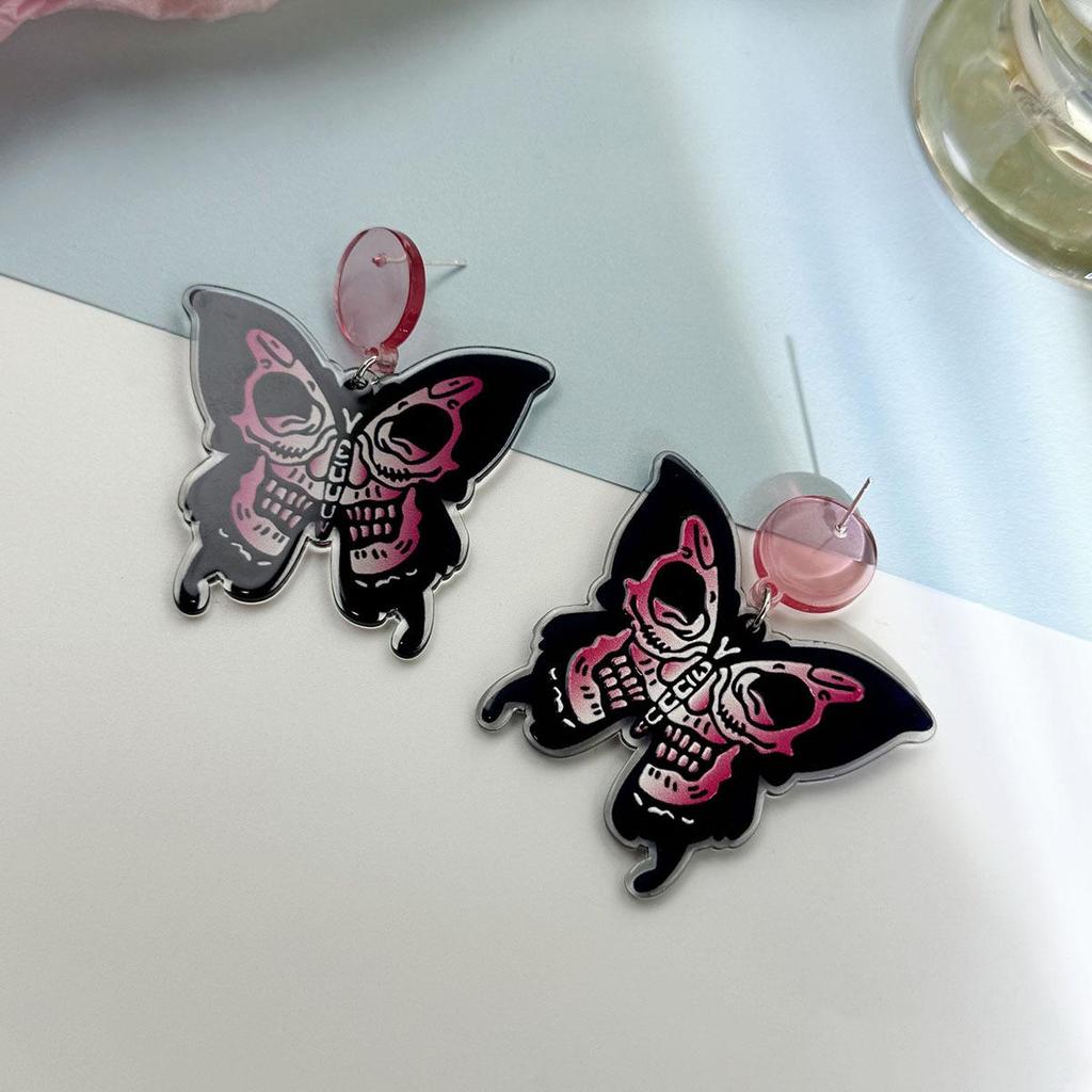 Silver Needle Butterfly Skull Acrylic Halloween Earrings for Women