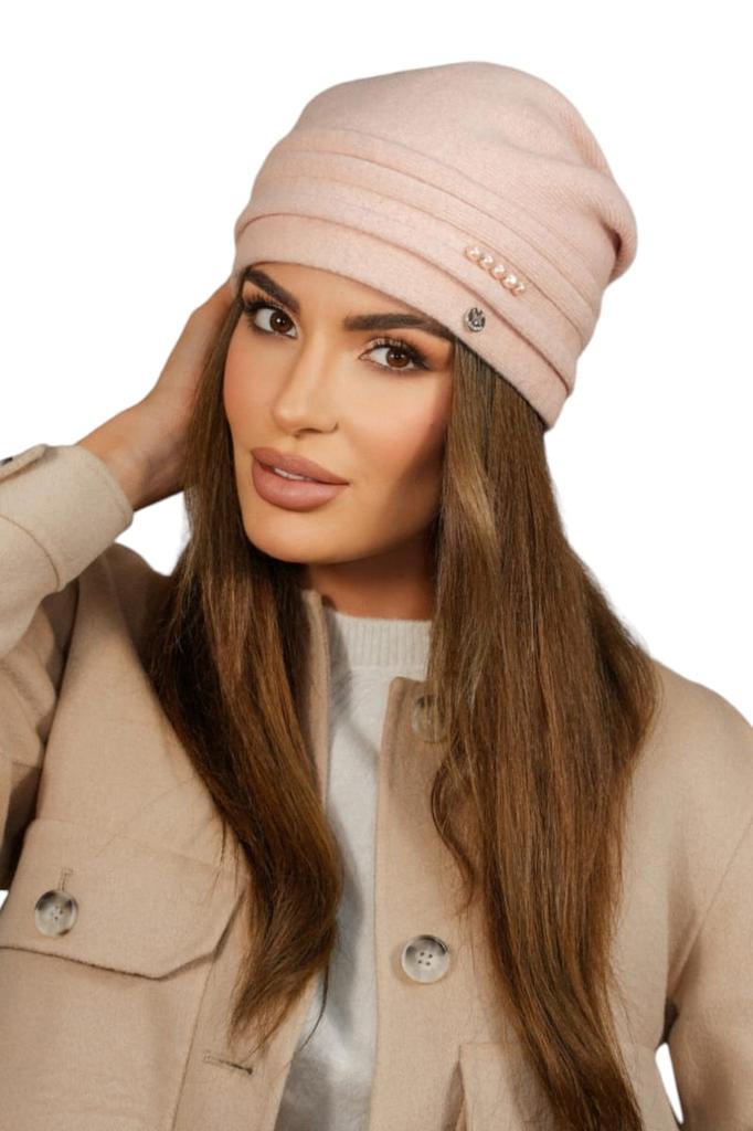 Women' Woolen Hat Decorated with Beads, Color: Pink Kamea-Sakura