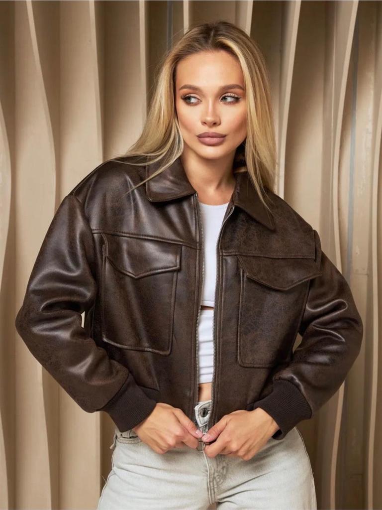 Women's 2025 Autumn Stylish Faux Leather Pilot Jacket with Large Pocket Detail